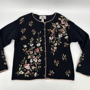 Vintage Tiara International Embroidered Cardigan Womens M Floral Black Cottage